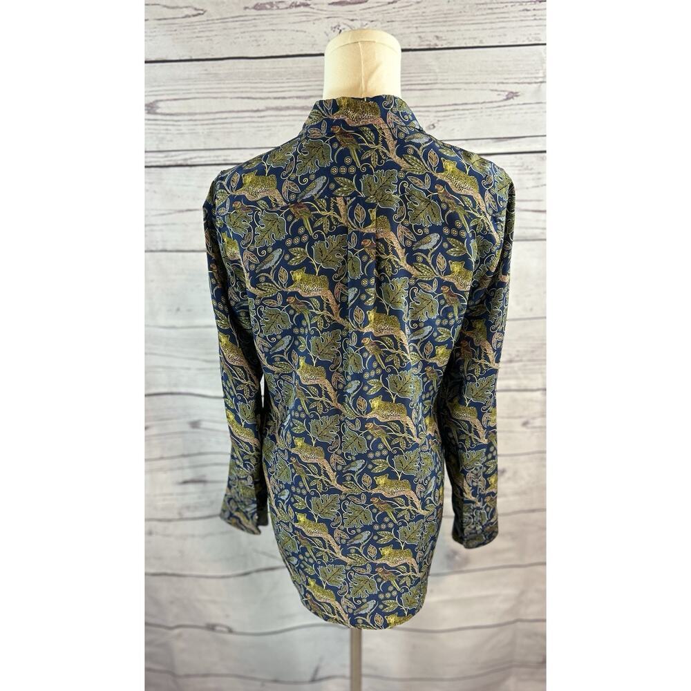 J.Crew Silk Blouse Womens 2 Blue Botanical Cheetah Print Button Front - Picture 4 of 8